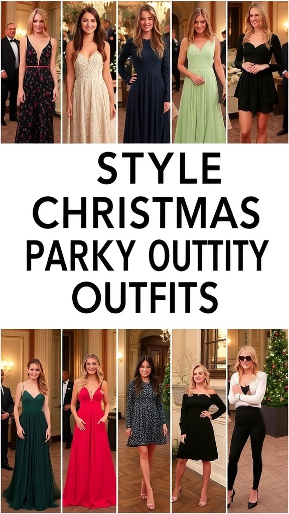 A collection of Christmas party outfits including a velvet gown, cocktail dress, festive sweater, and tailored blazer.